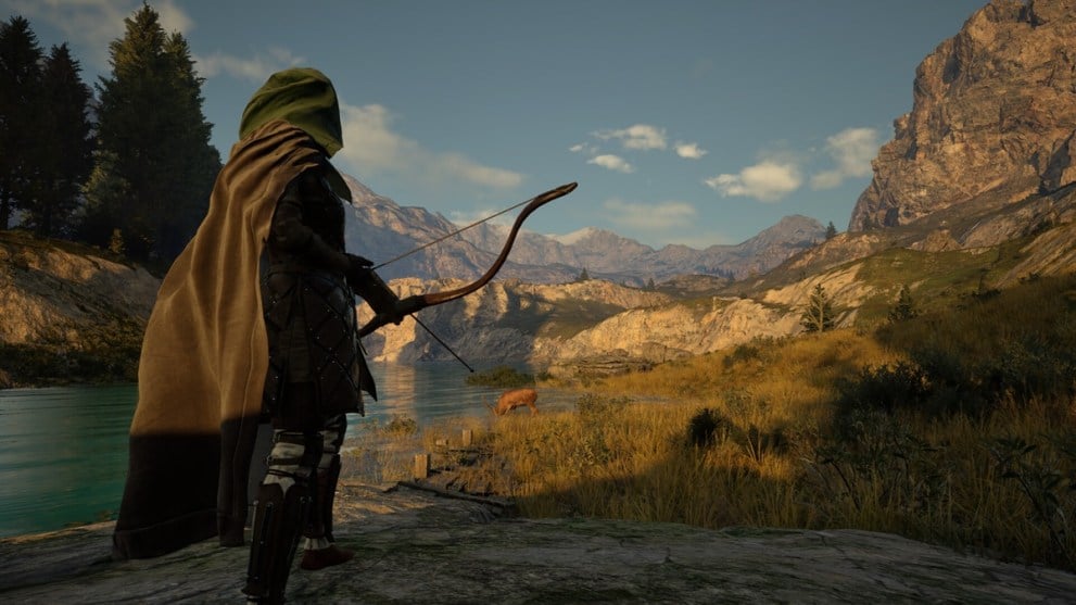 An archer standing near a lake