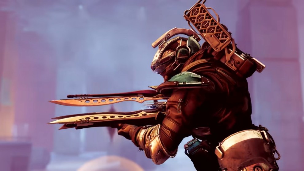 A Destiny 2 character holding the Microcosm rifle.