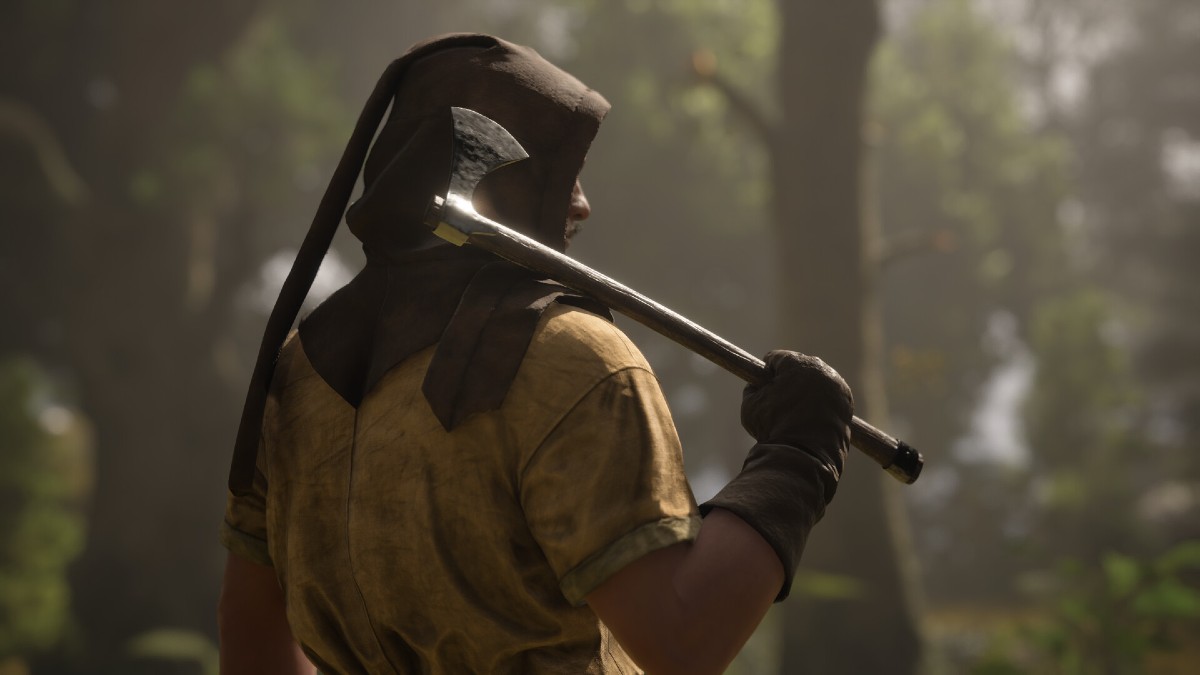 A character holding a weapon in Pax Dei.