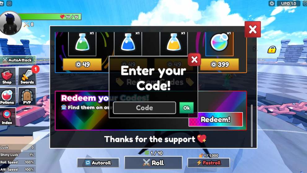 Codes redemption menu in the Dungeon RNG Roblox experience