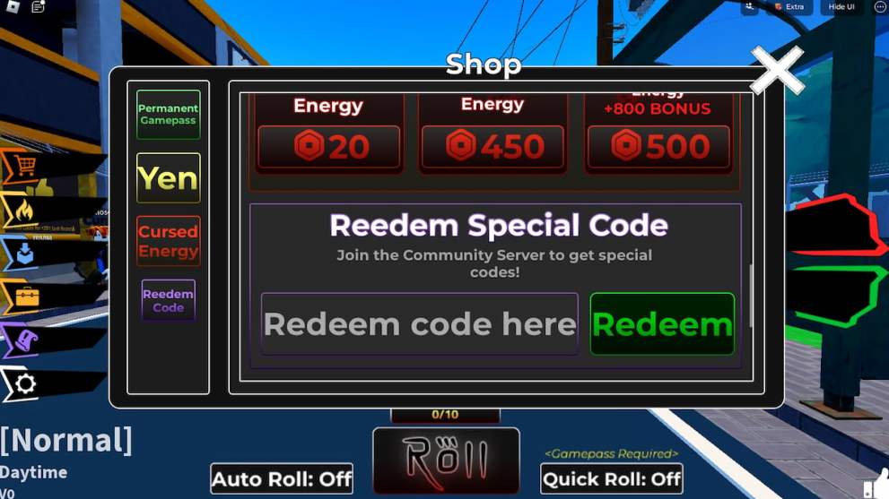 Codes redemption menu in Hakari's RNG Roblox experience