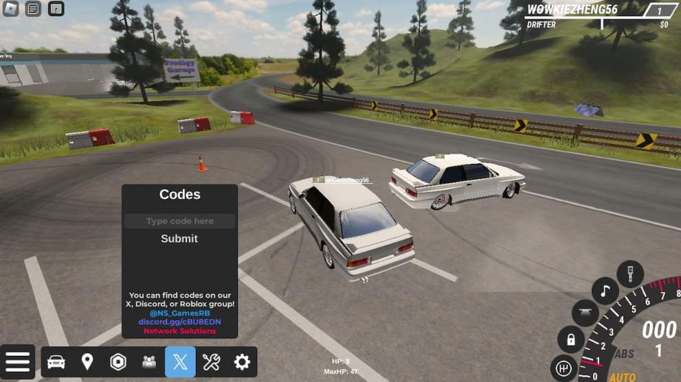 Codes redemption menu in the Prodigy Drift Roblox experience