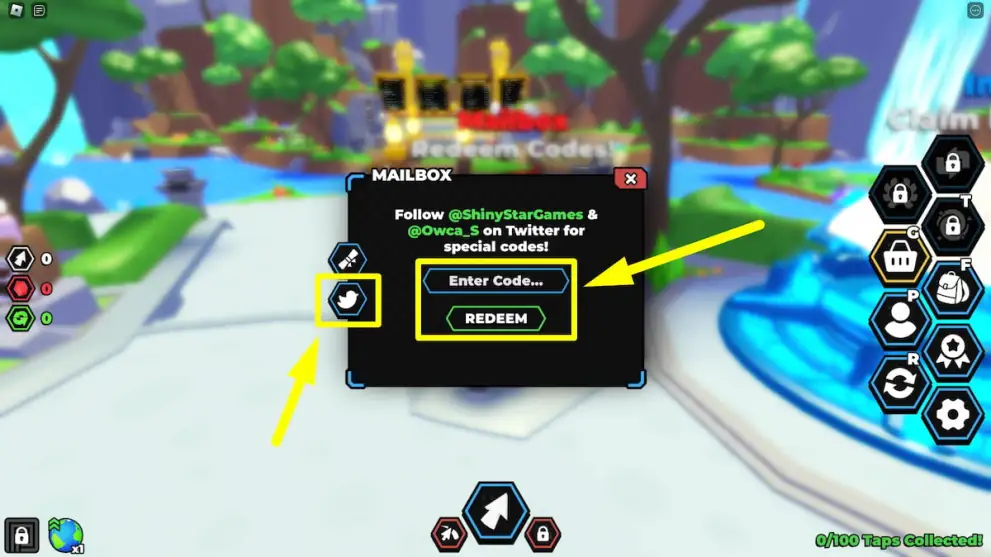 Code redemption menu in Tapping Final Legends Roblox experience