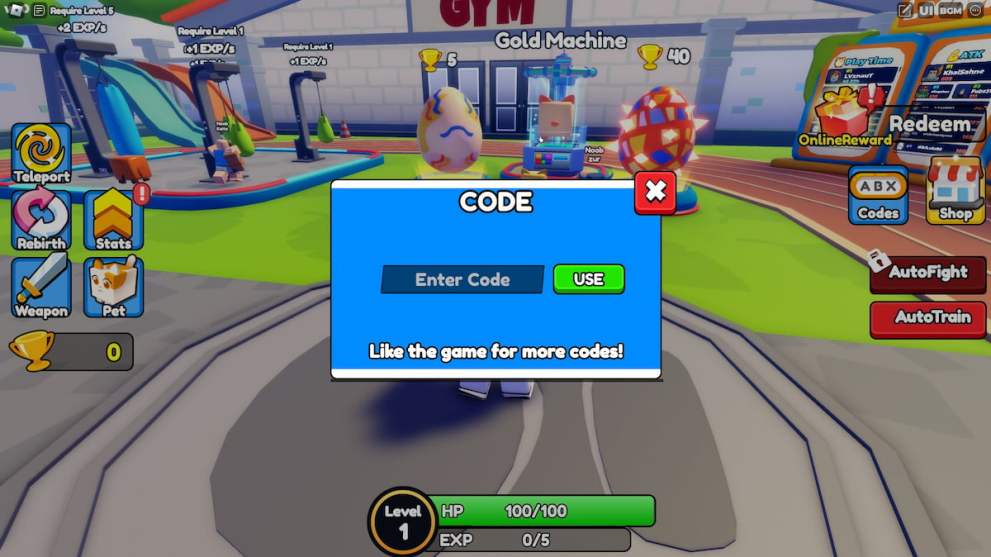 Codes redemption menu in the Warrior Quest Roblox experience