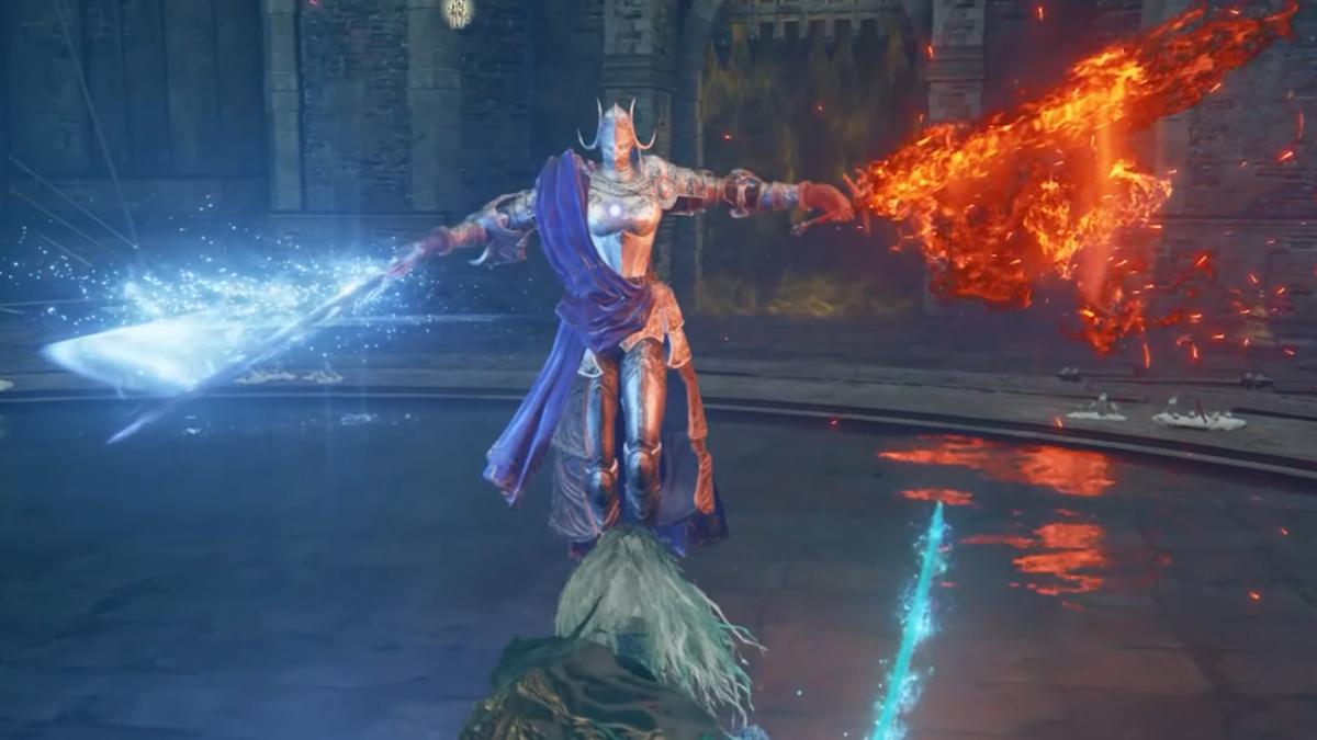 Elden Ring Shadow of the Erdtree Rellana boss standing with magic blue and flaming red swords