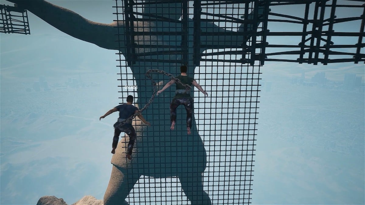 Two characters climbing in Chained Together.