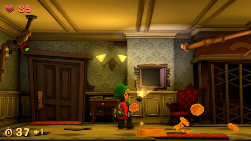 Luigi exploring a hole in the mansion wall.