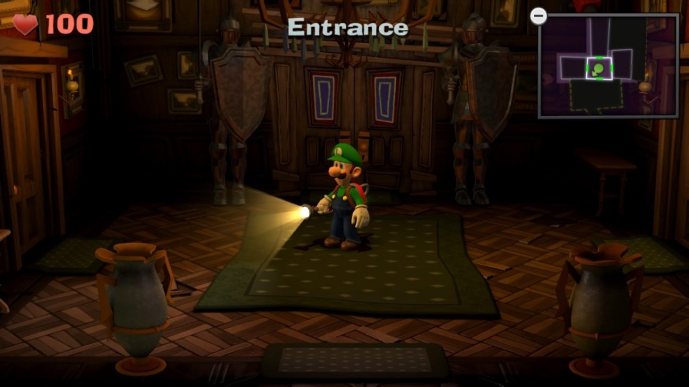 Luigi looking through the mansion entrance.