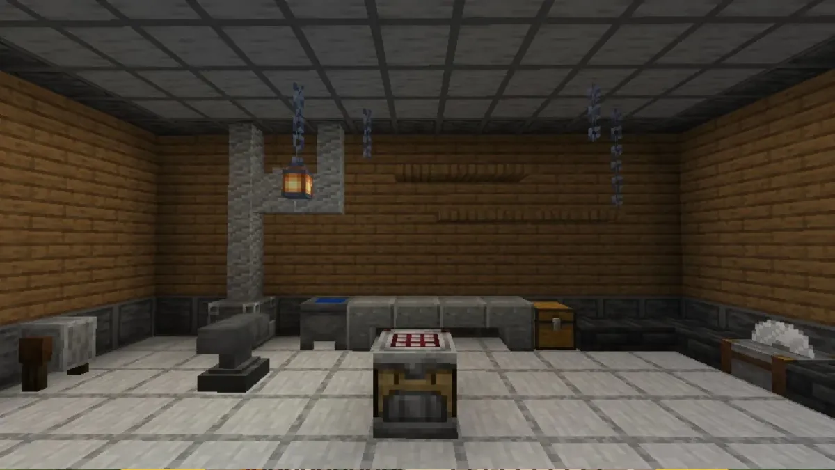 Minecraft Crafter block in wood room on stone floor