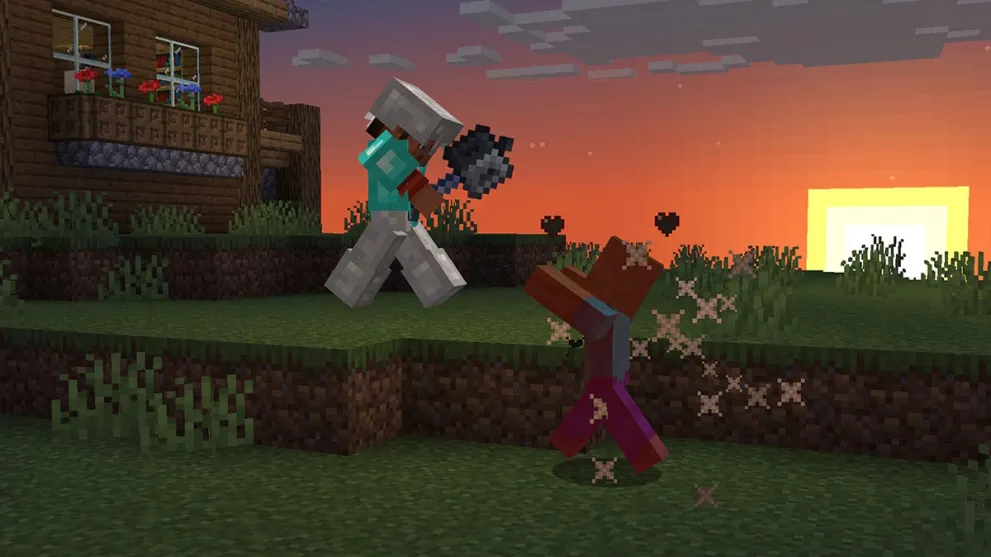 Performing jumping attack with mace on zombie mob side view sunset in minecraft