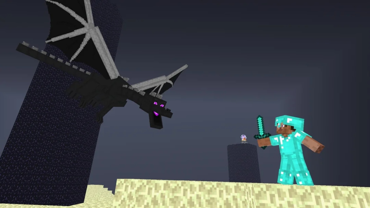 Minecraft Steve fighting ender dragon iconic