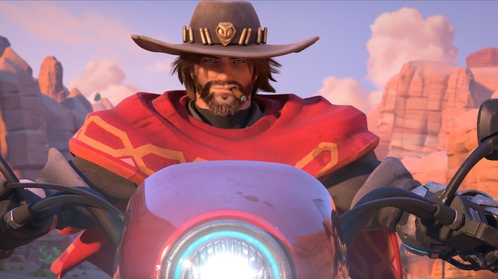 Overwatch 2 cassidy cowboy riding bike wearing hat and smoking cigar