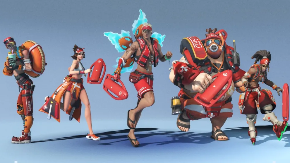 Overwatch 2 season 11 all five lifeguard skins with blue background 