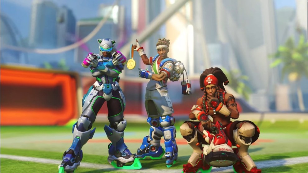 Overwatch 2 Season 11 summer games post match screen wtih three lucios on pitch posing