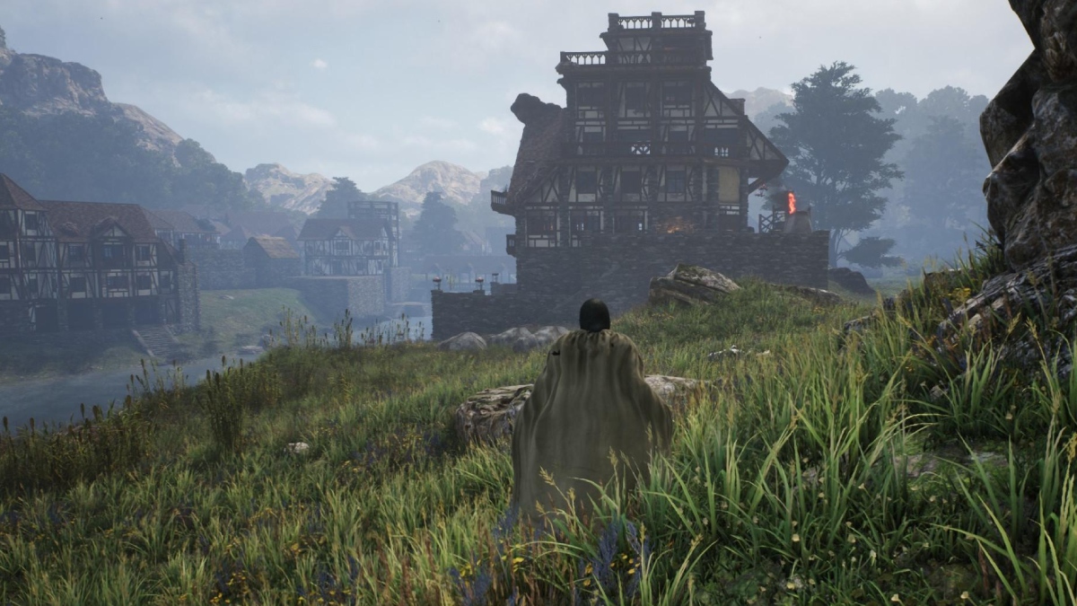 Pax Dei player searching for Flint standing on grassy field looking at far away houses