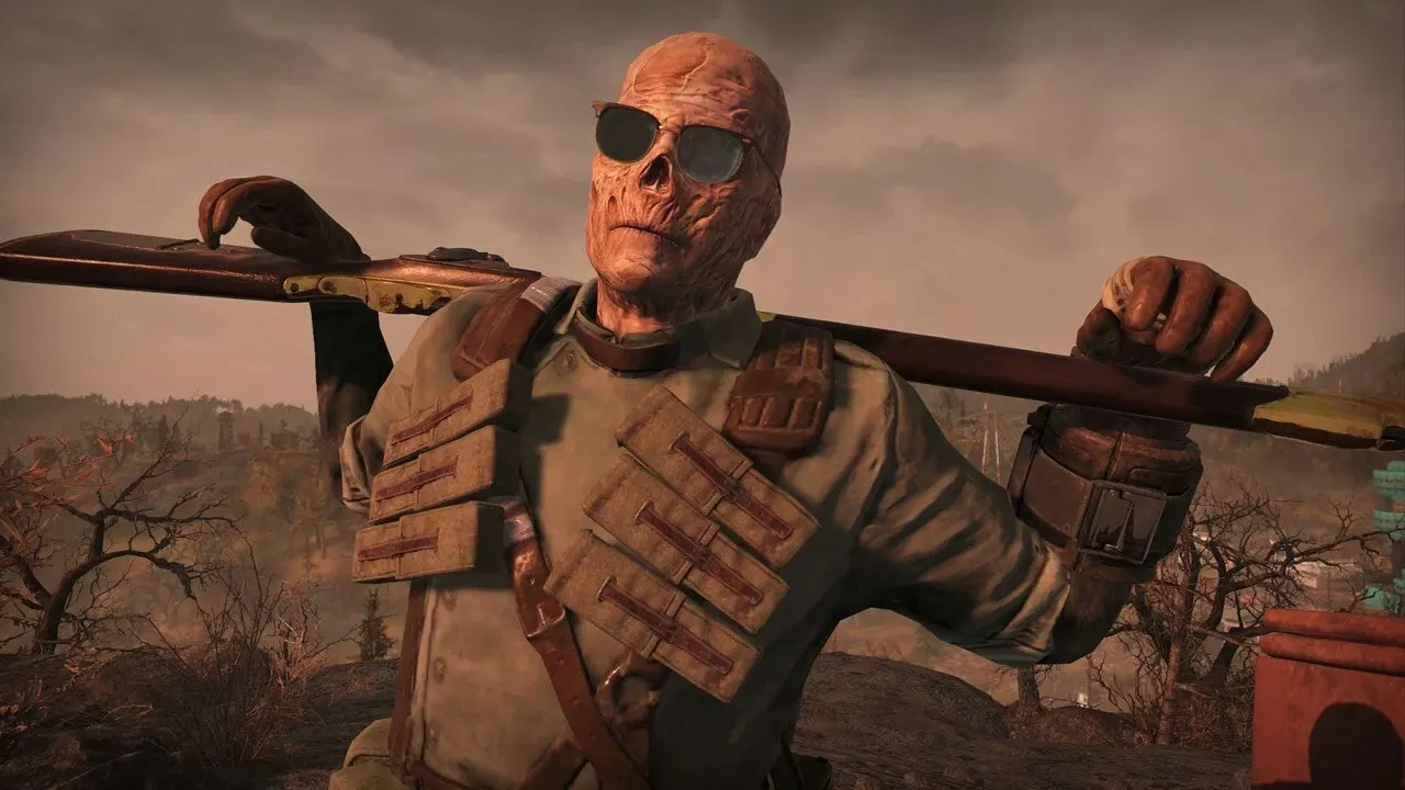 A ghoul in Fallout holding a gun.