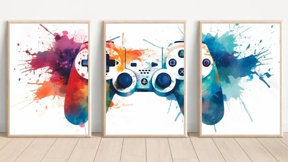 Three canvas' of a colourful playstation controller.