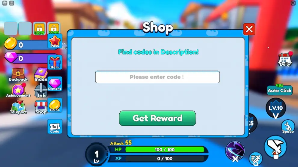 Codes redemption menu in the Weapon Master vs Anime Roblox experience