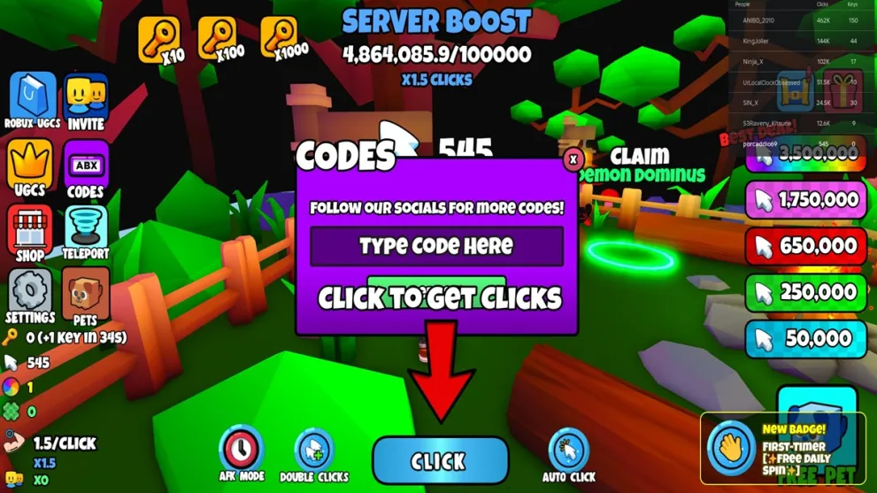 The code redemption box in Free UGC Clicker