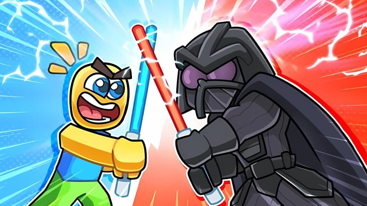 Player and Darth Vader fighting in Saber Battles Simulator Roblox experience