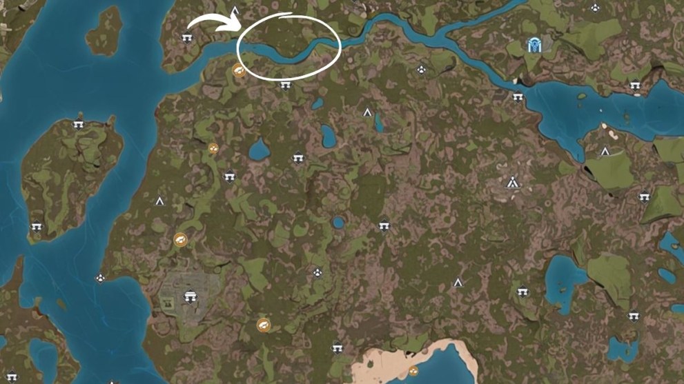 Soulmask map with white circle and arrow for riverside base location