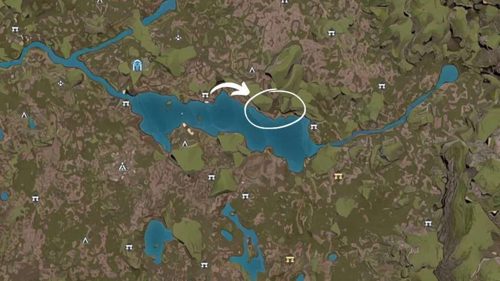 soulmask map image with white circle and arrow for jungle edge base location