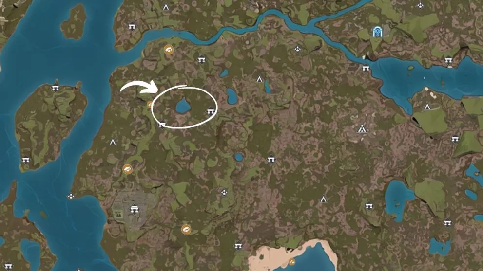 Soulmask lakeside haven base location on map with white circle and arrow