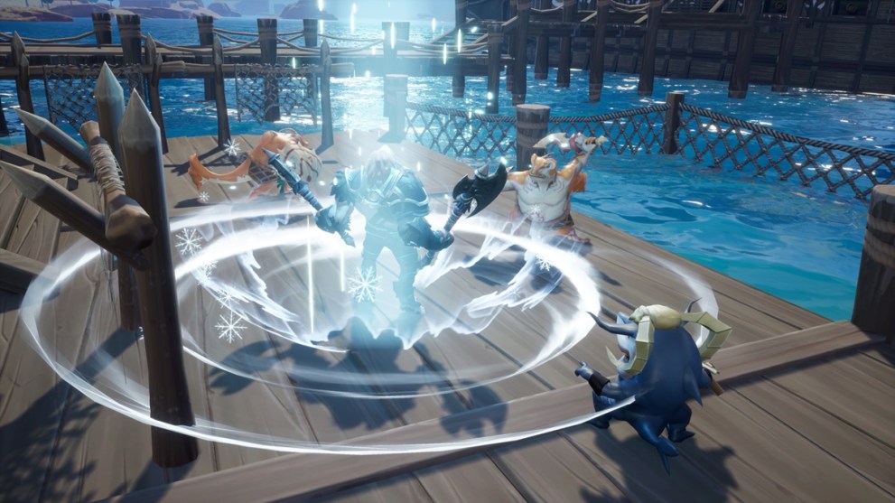 A barbarian fighting against several enemies on a pier