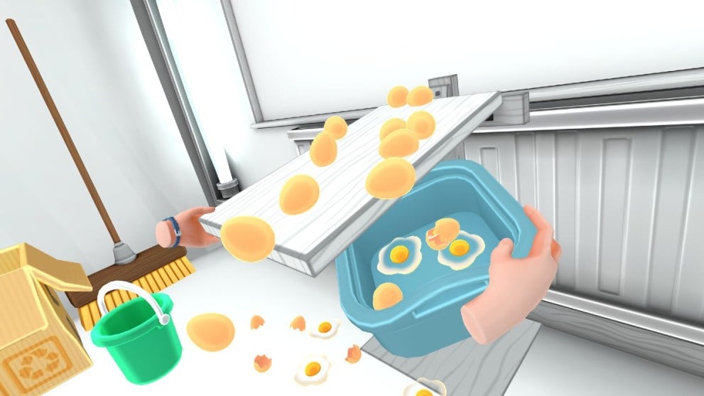 Eggs falling off a table in Taskmaster VR