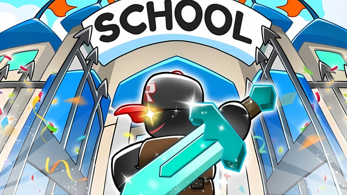 Warrior in front of a school in Warrior Quest Roblox experience