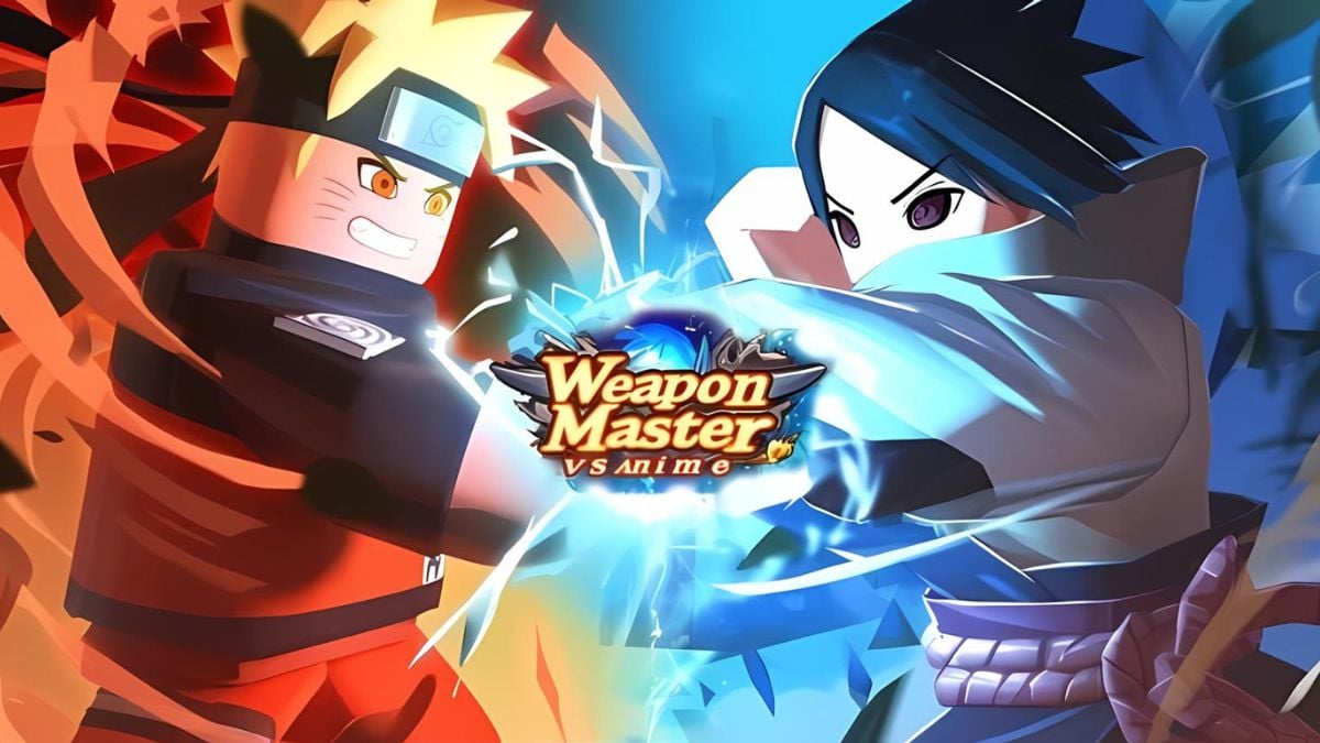 Naruto and Sasuke fighting in the Weapon Master vs Anime Roblox experience