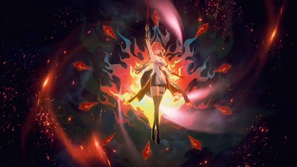 Wuthering Waves Changli resonance liberation animation with flame around her as she stands