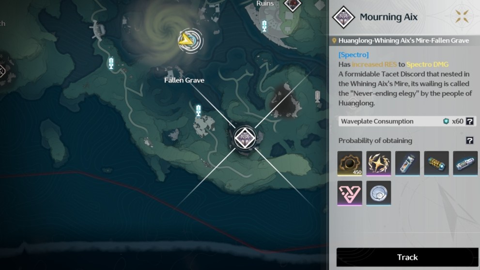 Wuthering Waves map with Mourning Aix boss location and description