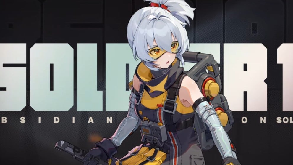 Zenless Zone Zero ZZZ soldier 11 splash art with girl with silver hair and yellow goggles and yellow soldier outfit