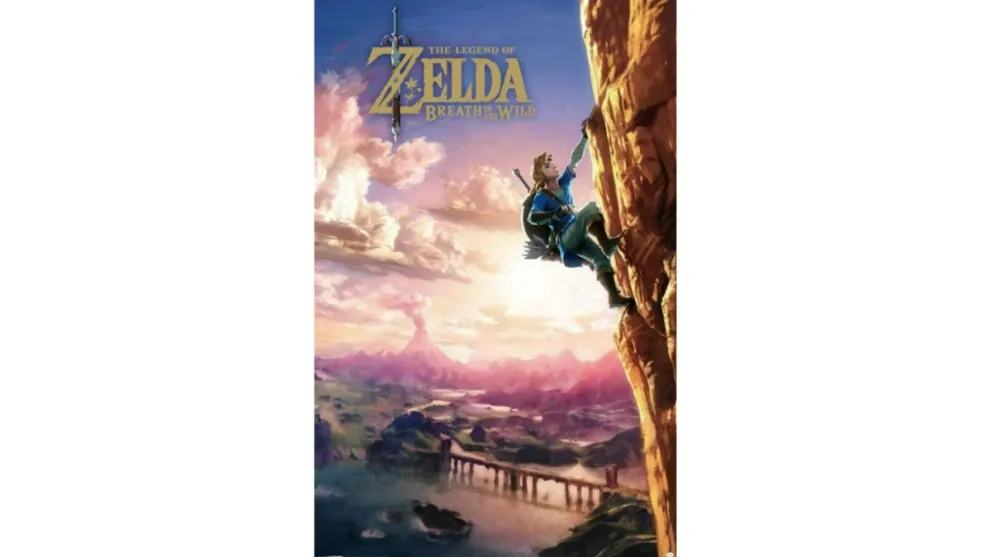 Legend of Zelda poster link climbing cliff with landscape in back
