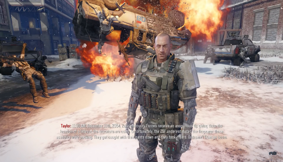 Taylor speaks to the player, as a freeze-framed explosion highlights his figure. 