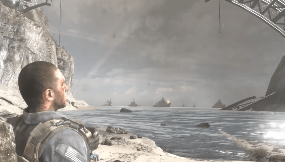 Logan and 'Hesh' Walker sit on a beach, while allied warships emerge on the horizon.