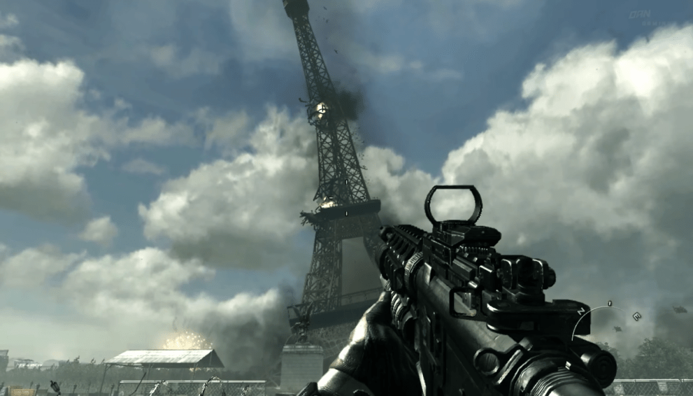 The Eiffel Tower falls due to a series of aerial bombardments. 