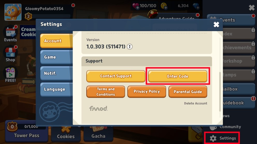 Redeeming codes in Cookie Run Tower of Adventure.