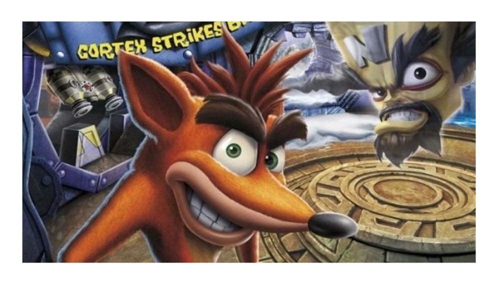 A modern reinterpretation of the classic Crash Bandicoot 2: Cortex Strikes Back cover art.   Crash Bandicoot looks slyly towards the viewer. 
