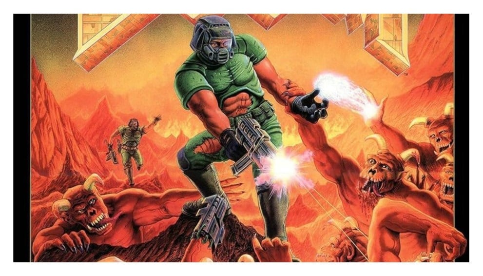 A poster for the original DOOM title.  Showing Don Ivan Punchatz's original cover art of the game, with Doomguy shooting at an ever-growing horde of hellish creatures.