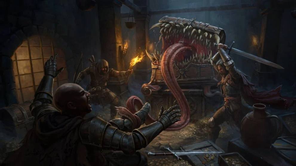 Dungeonborne classes fighting a mimic.