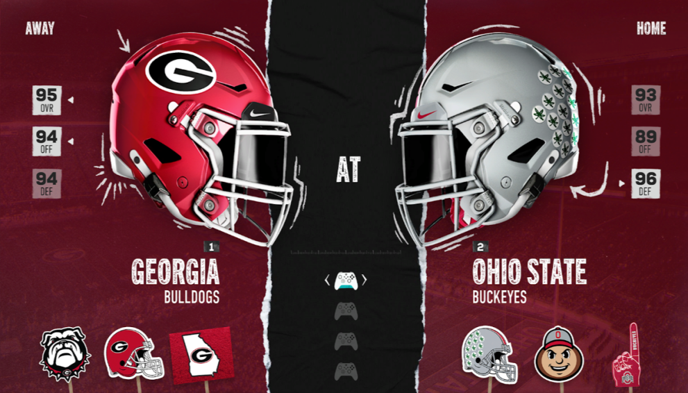 The helmets of Georgia and Ohio State's football teams detail a screen for players of EA Sports College Football 25 to pick a side to play on.
