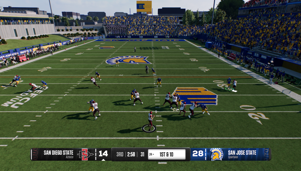 A game of EA Sports College Football 25 in motion, where 'San Diego State' and 'San Jose State' are clashing.
