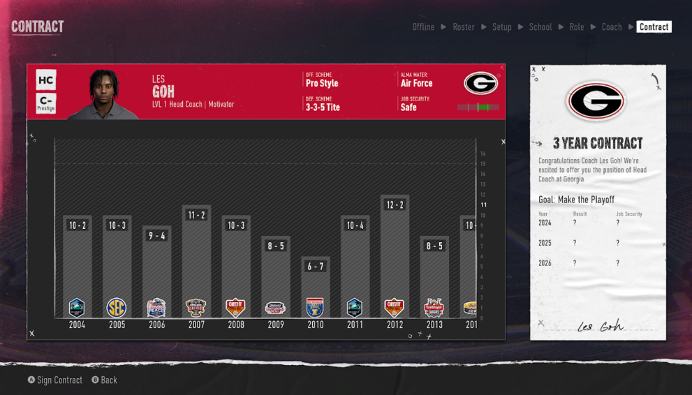 Statistics and a signature for a created coach in EA Sports College Football 25.