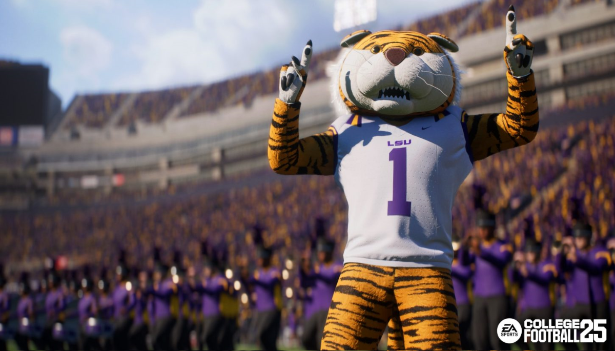 A football promoter, dressed as 'Mike the Tiger' - the mascot fror Louisiana State University.