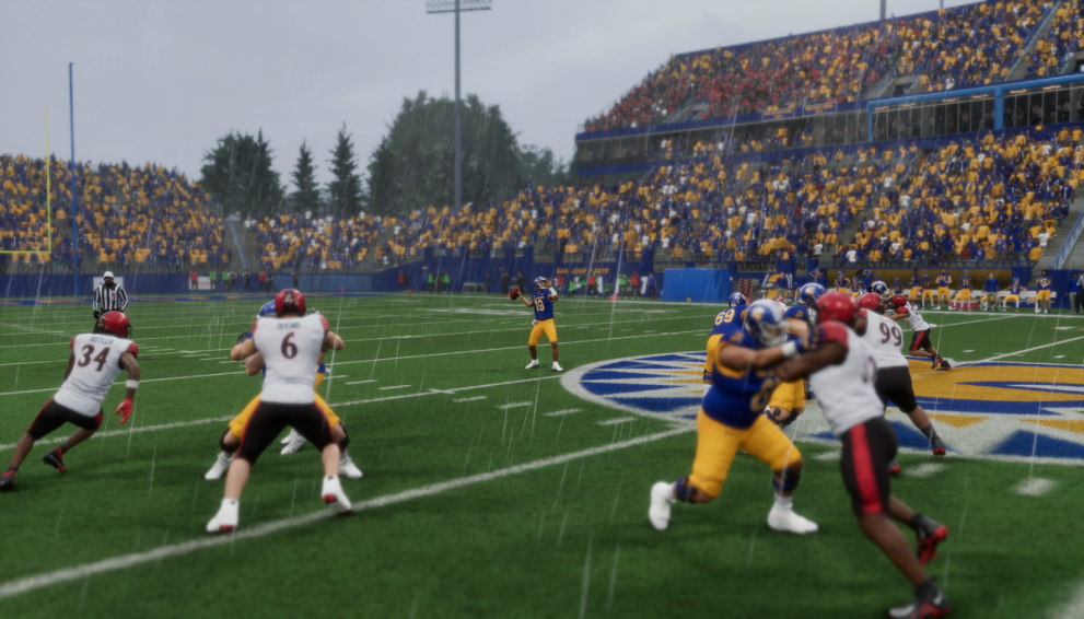 A college football player prepares to throw the ball upfield, in the rain -  in EA Sports College Football 25.