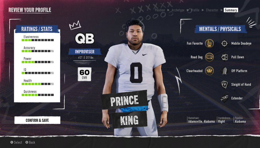 The character creator screen for EA Sports College Football 25 - showing the created player in the centre of the screen. 