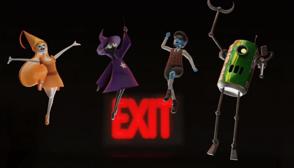 A freeze-frame, showing the colorful characters from Escape From Castle Claymount - in a claymation style.