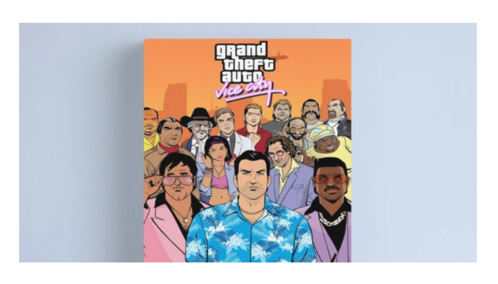 An oragne poster for Grand Theft Auto: Vice City. Showing off Stephen Bliss' illustrations of the cast of characters. all standing together.